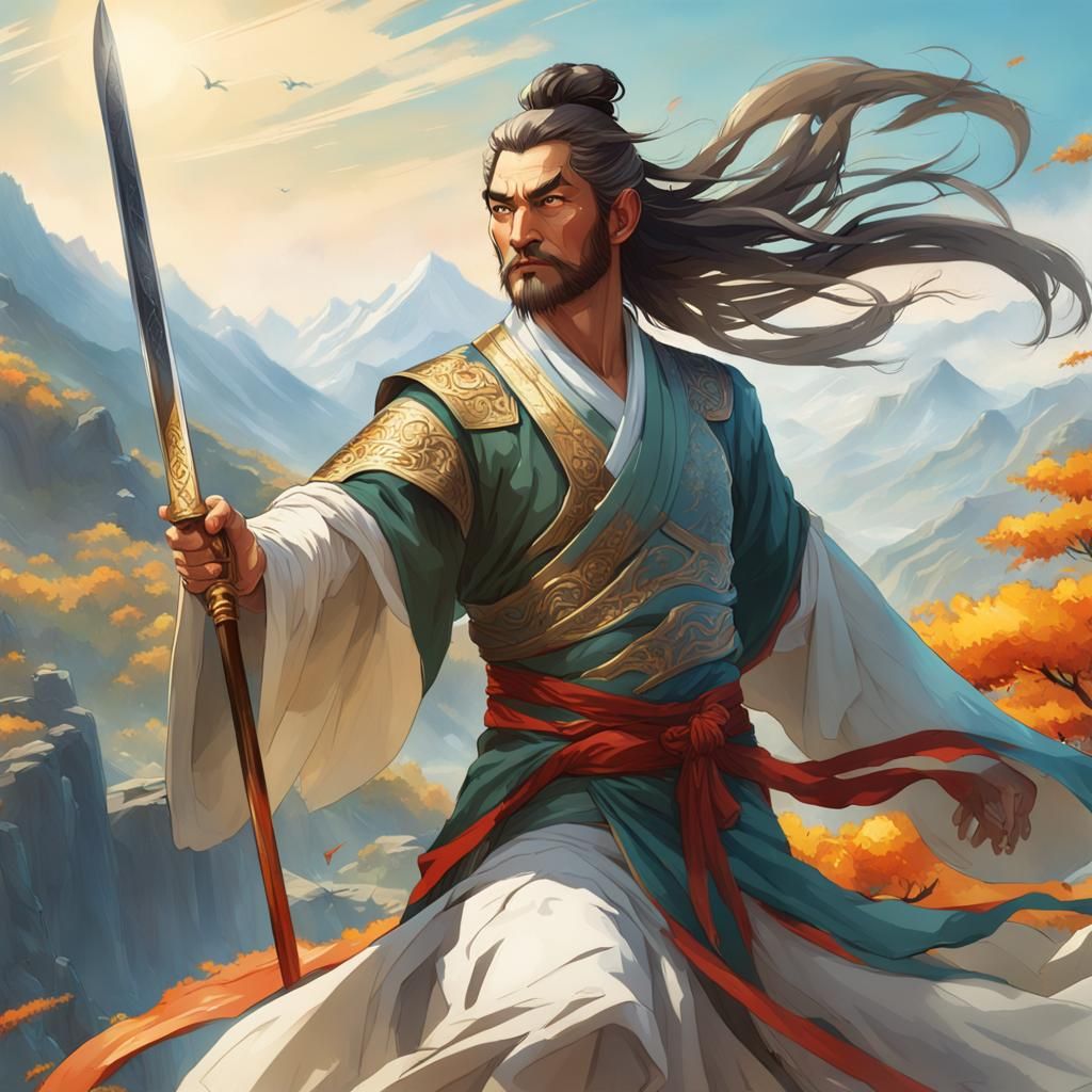 Chinese Immortal Flying on Sword, Detailed Digital Art