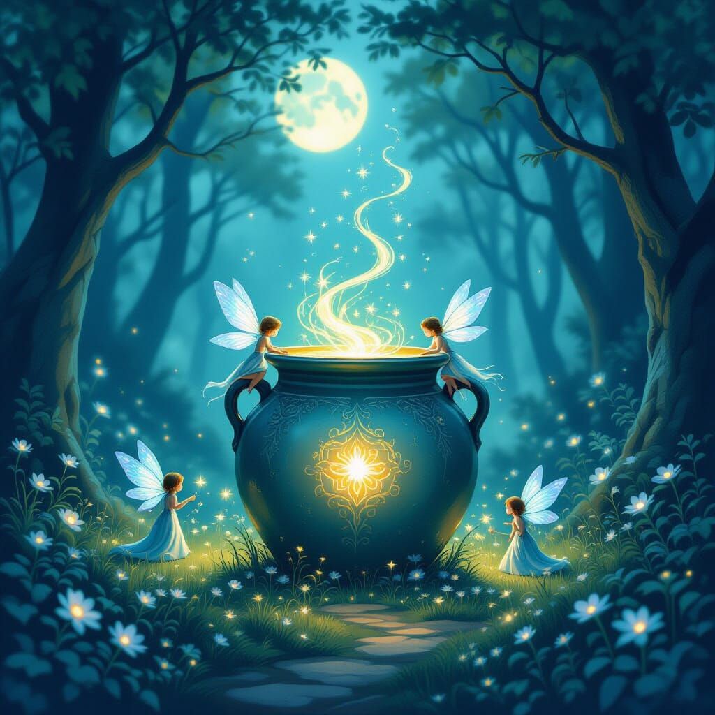 Enchanted Forest Clearing with Glowing Pot in Moonlight
