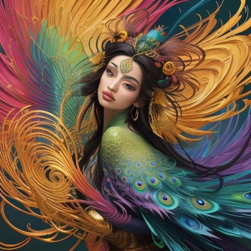 Dragon Peacock Woman in Abstract Expressionist Style