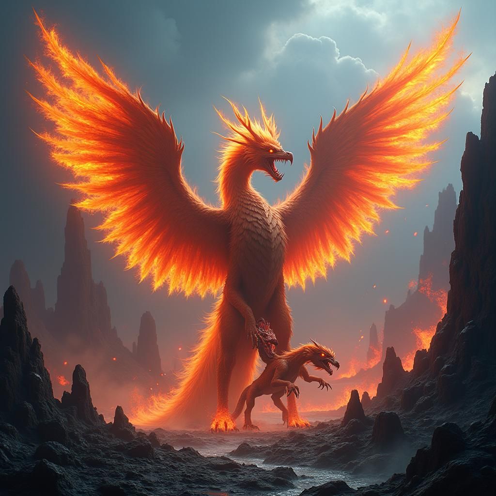 Phoenix-Cerberus Hybrid Devouring Dragon in Hellscape
