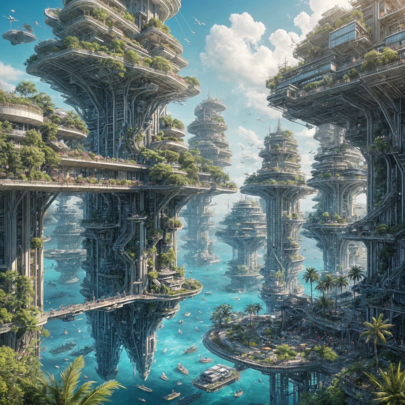 Floating Eco-City in Cyberpunk Aesthetic