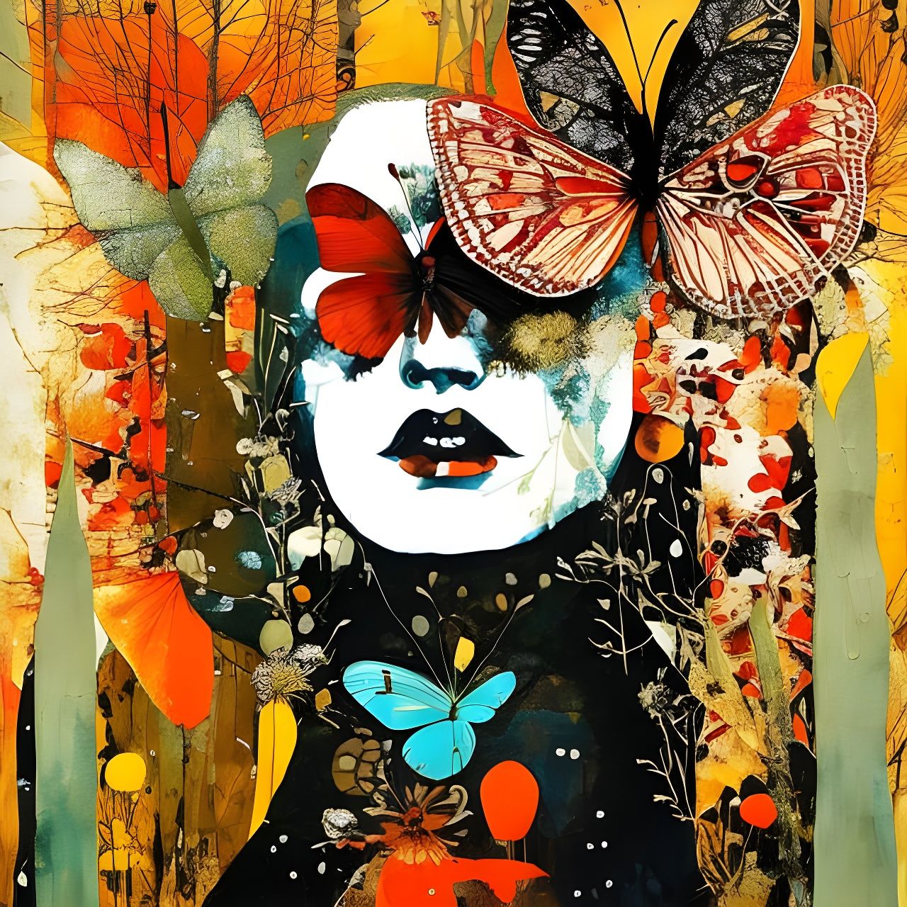 Fiery Butterfly Collage in Mixed Media Style