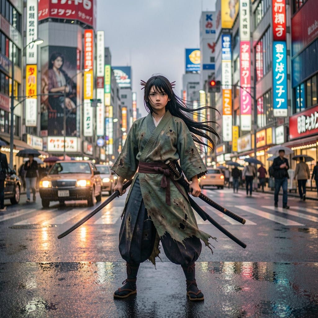Female Samurai in Neon Shibuya at Dusk