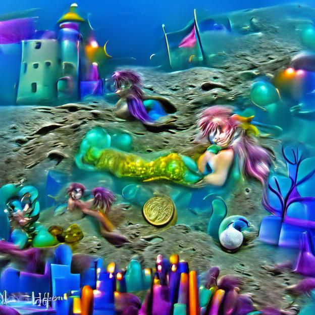 Colorful Mermaid in Underwater Treasure City