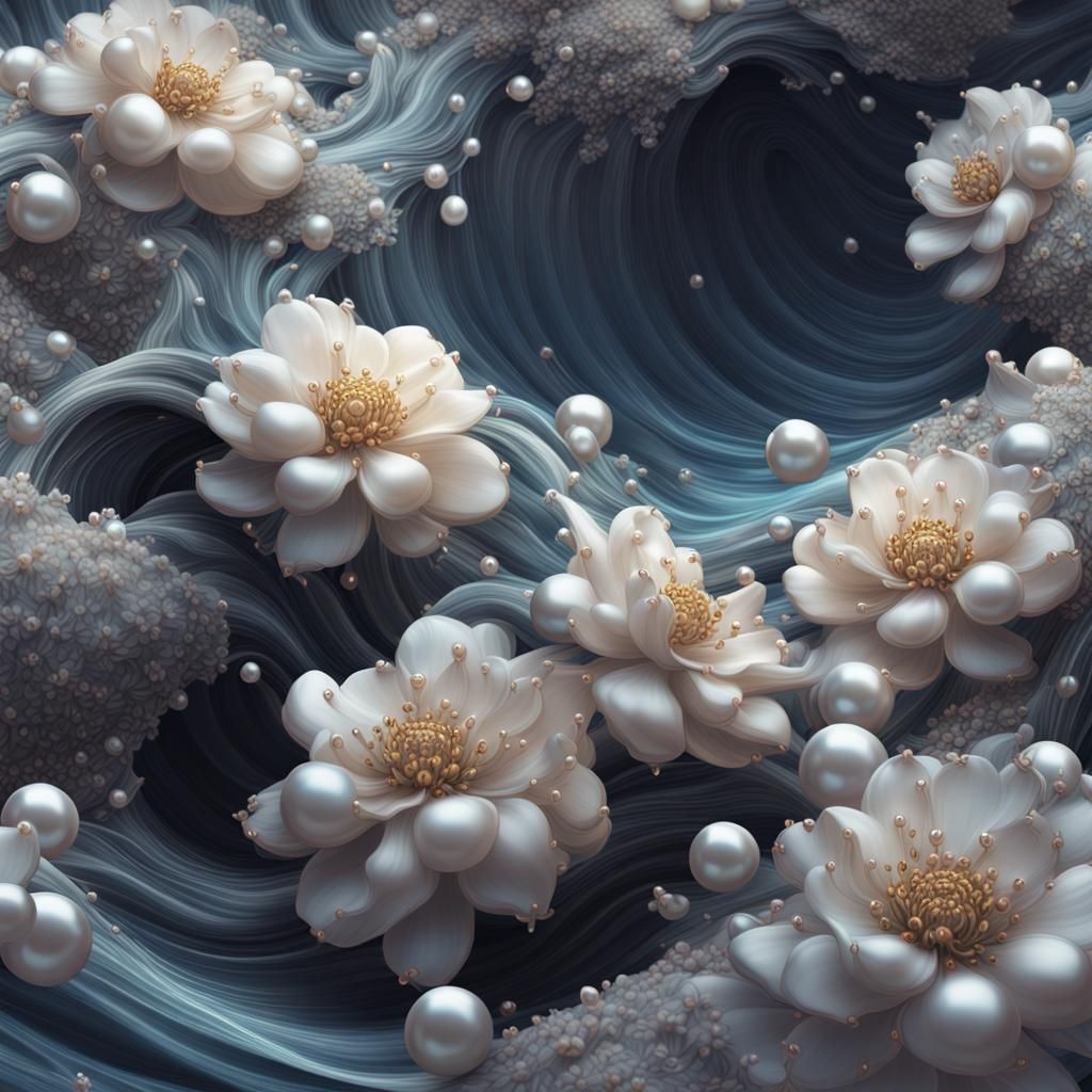 Flowers of Waves with White Pearls, Detailed Digital Art