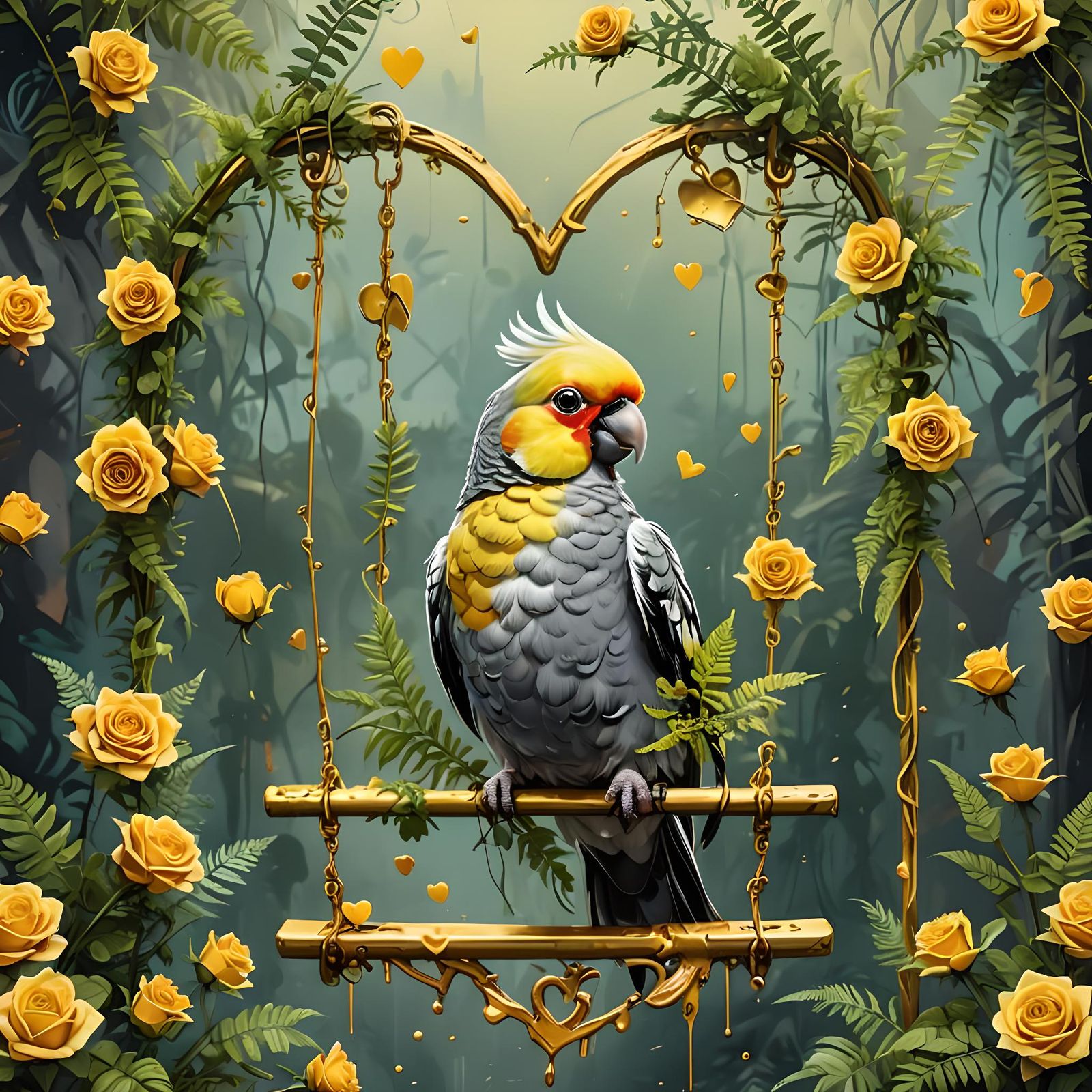 Cockatiel on Golden Swing in Graffiti Art Style