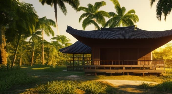 Old japanese architecture hut in jungle near lake, surrounde...