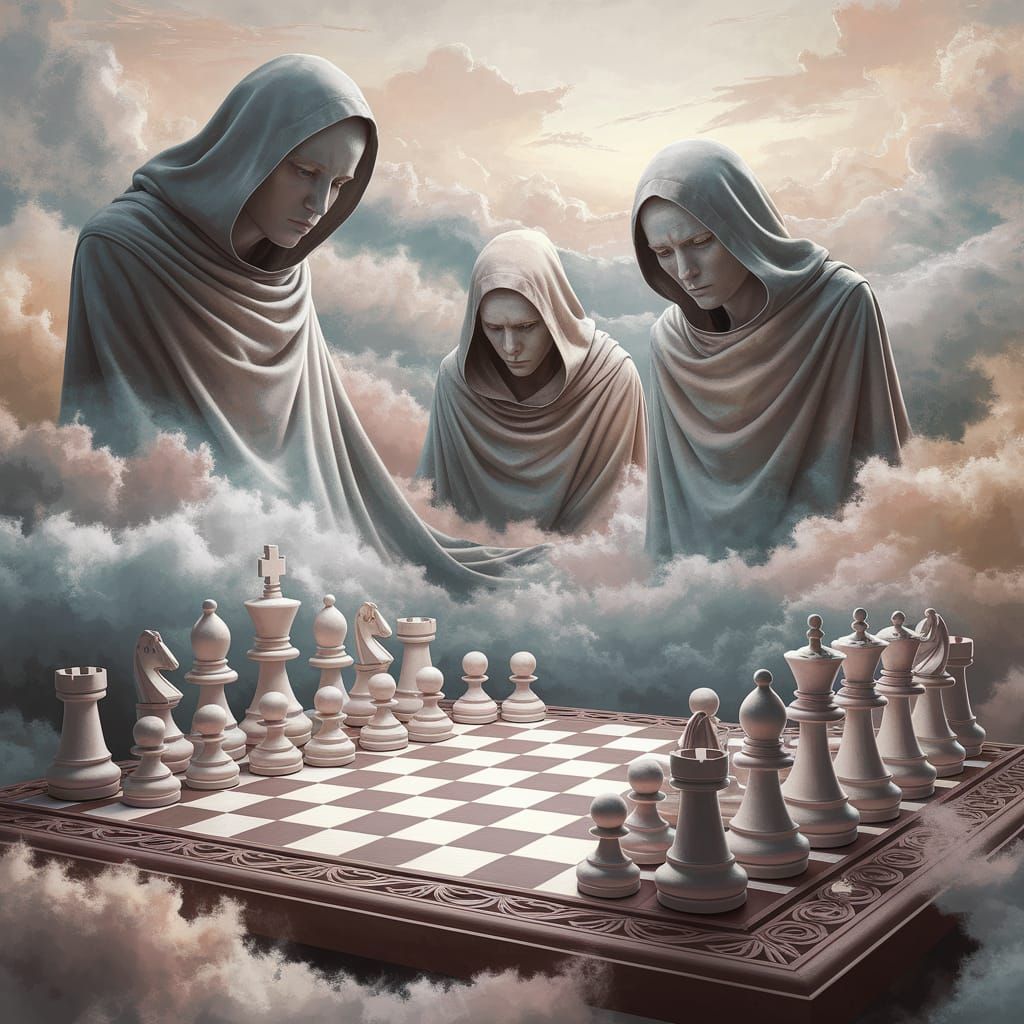 Ethereal Figures Contemplate Chess in Dreamy Cloudscape
