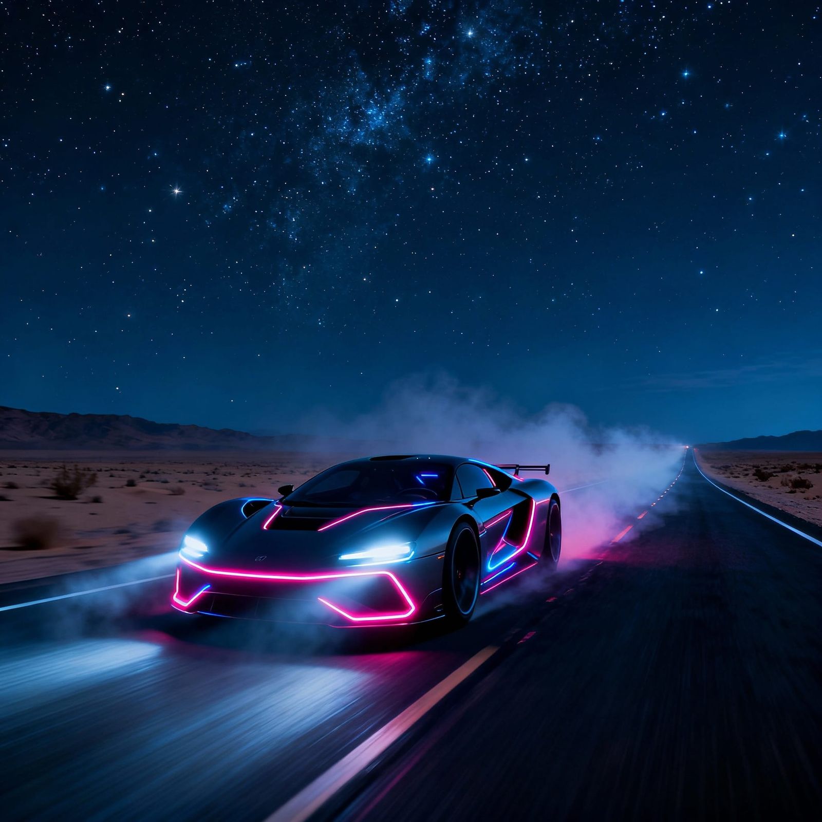 Futuristic Sports Car Speeds Down Desert Highway at Night