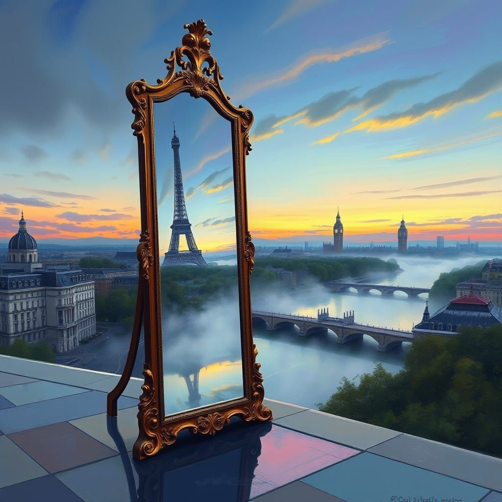 Paris and London Surreal Landscape Reflected in Ornate Mirro...