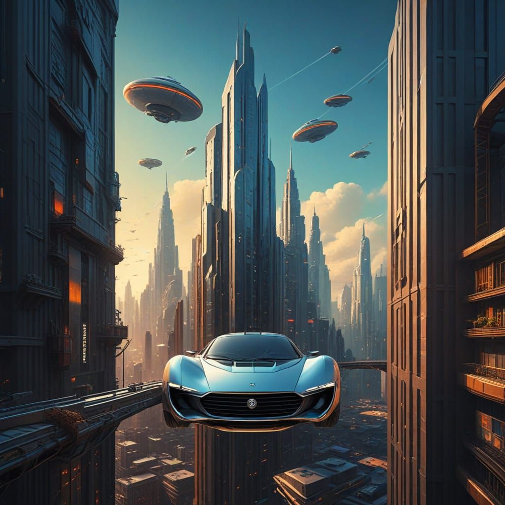 Retro-Futuristic Metropolis Ablaze with Flying Cars in Chrom...