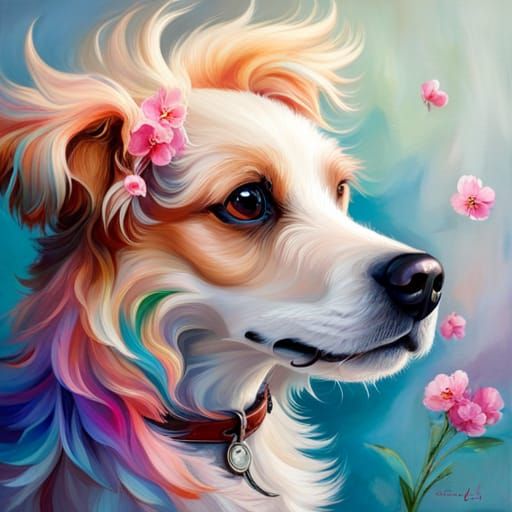 Peach Dog with Sakura Petal Tail: Oil Painting