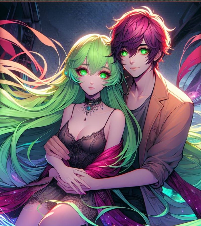 Anime Couple Embrace in Fantastical Landscape
