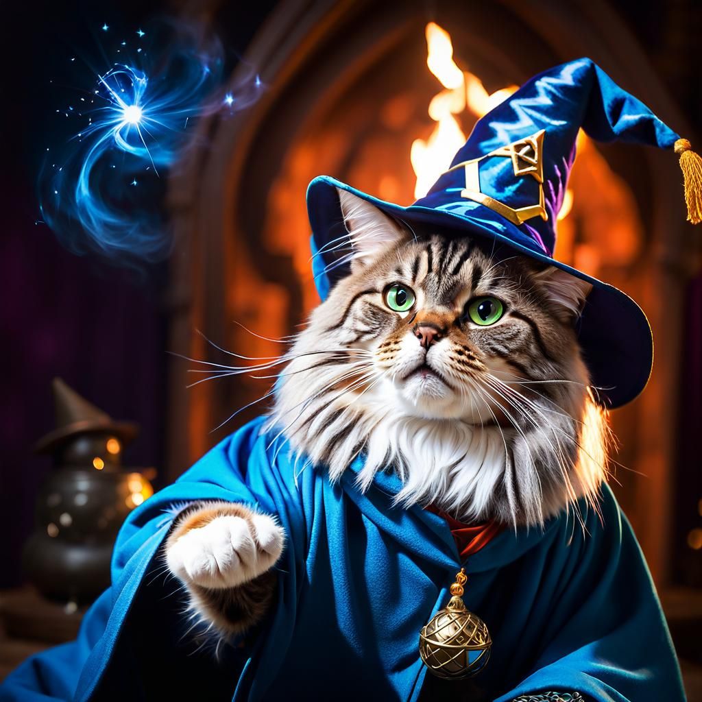 Anthropomorphic Siberian Cat Wizard Casting Spell