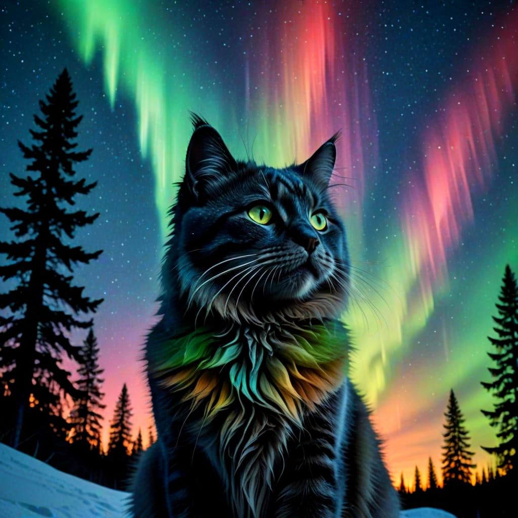 Gray Cat Dissolves into Vibrant Aurora Borealis