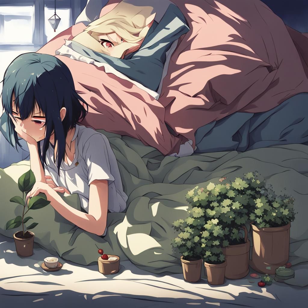 Depressed Woman Crying in Anime Style