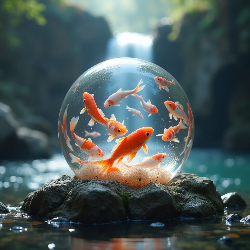 Majestic Crystallized Waterfall Scene with Koi Fish in Cryst...