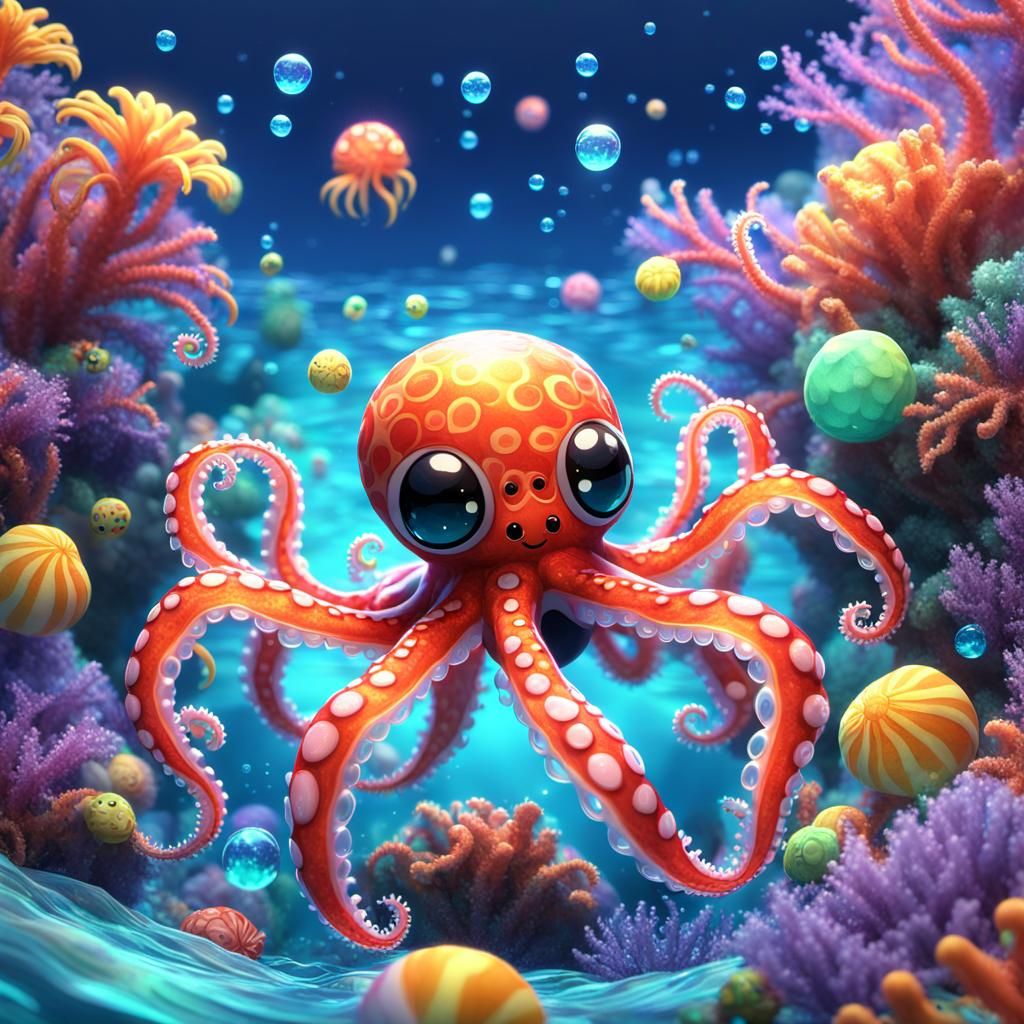 Adorable Spider Octopus in Anime Style Ocean
