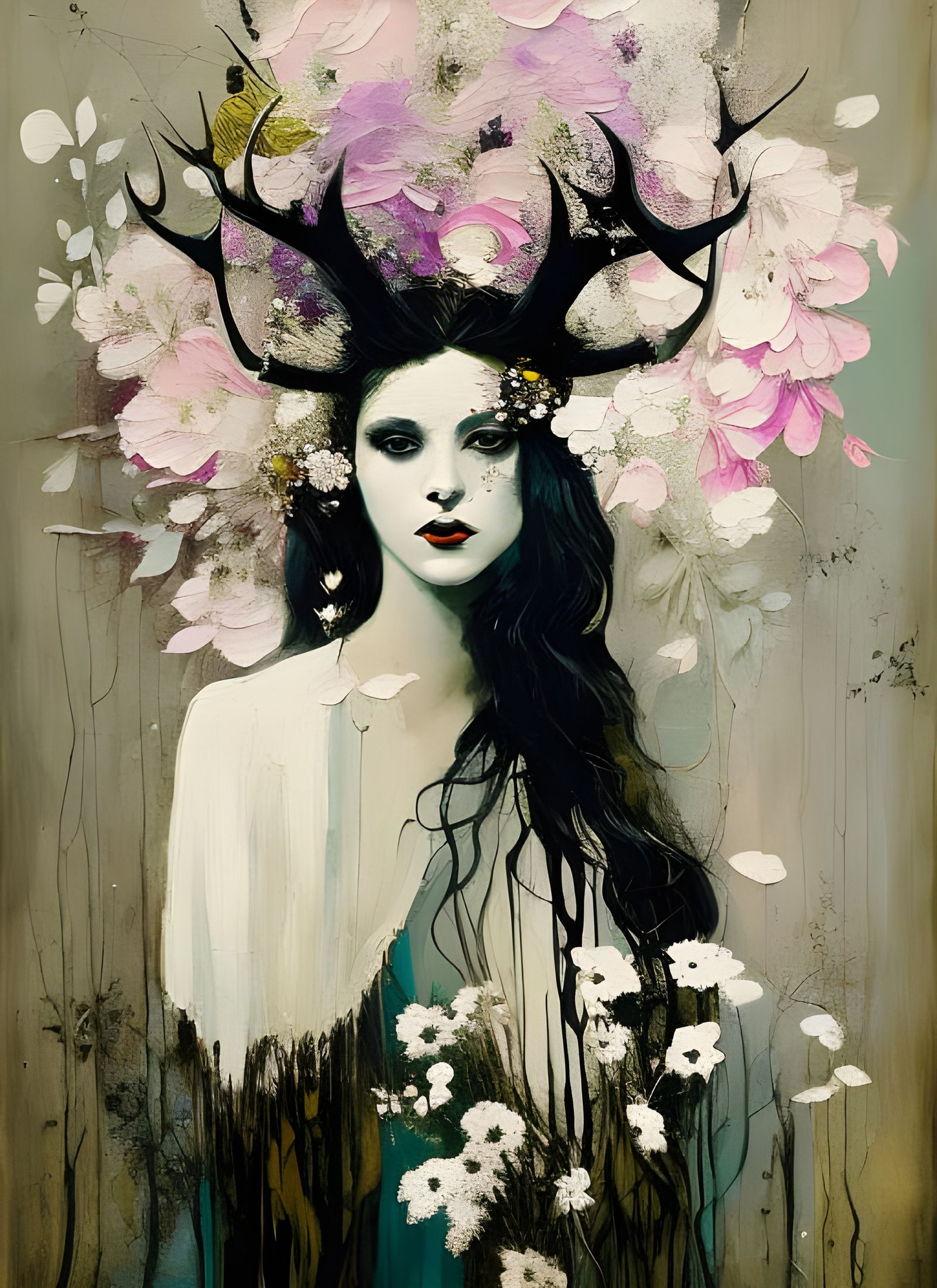 Ghost Woman with Antlers and Flowers Portrait