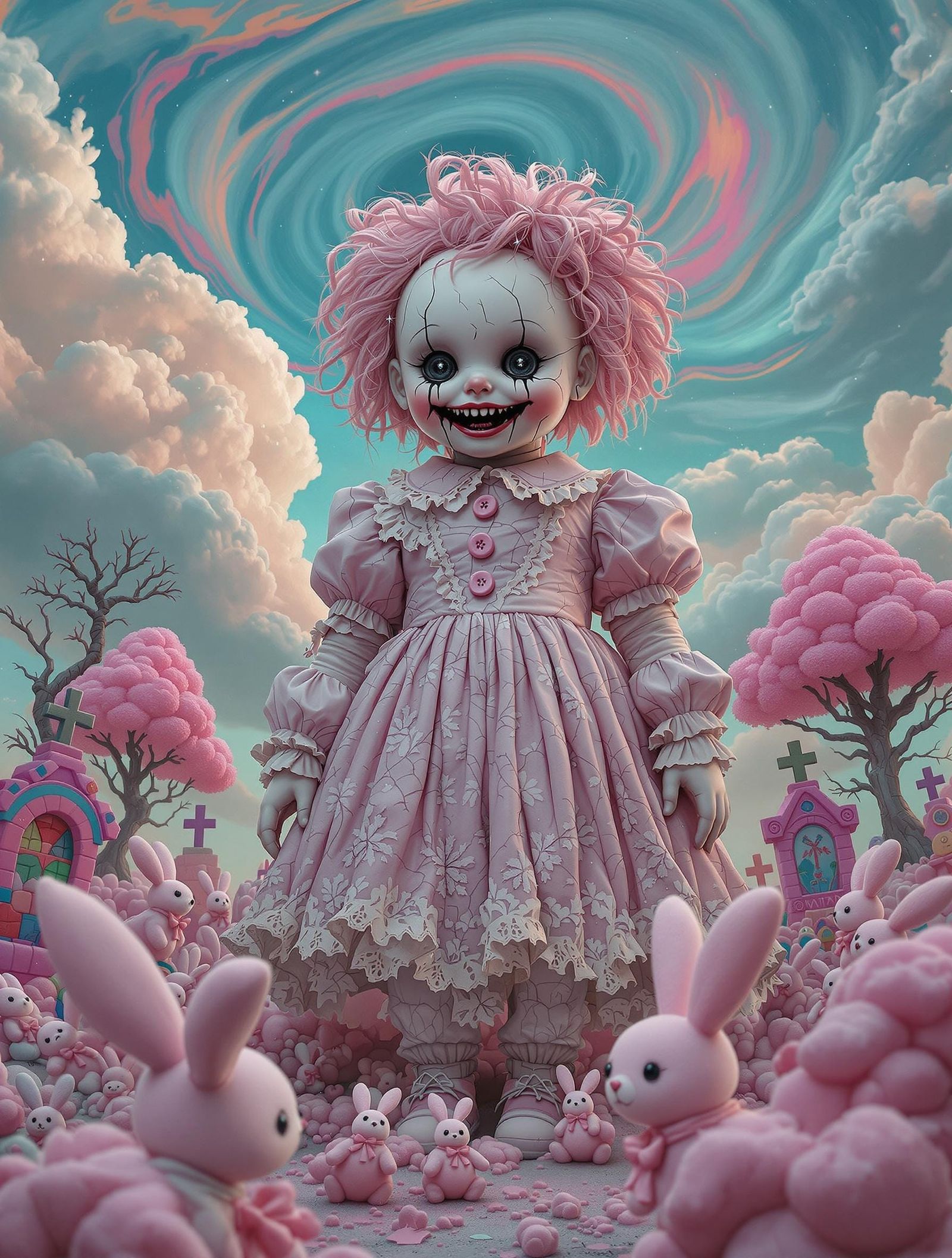 Surreal Doll in Candyfloss Wonderland with Chubby Rabbits an...