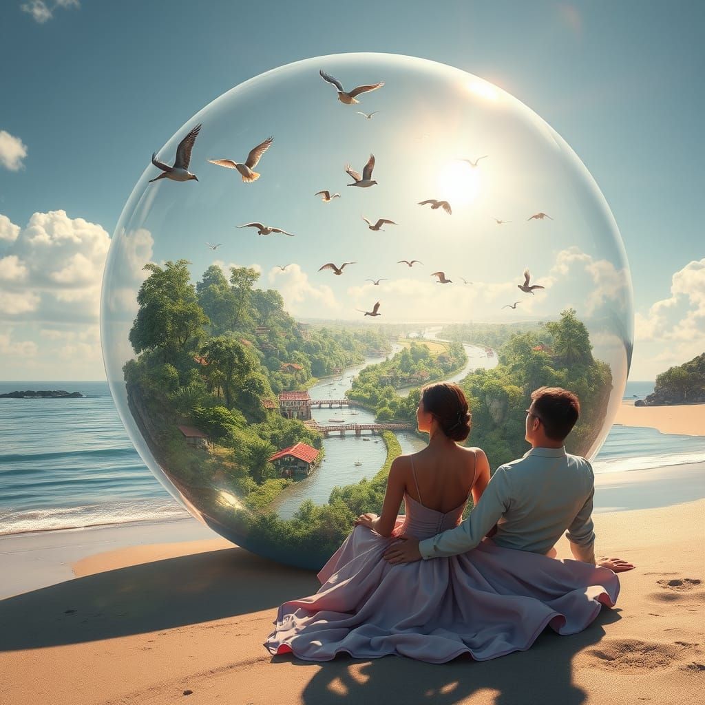 Dreamlike Bubble World: Hyperrealistic Beach Scene