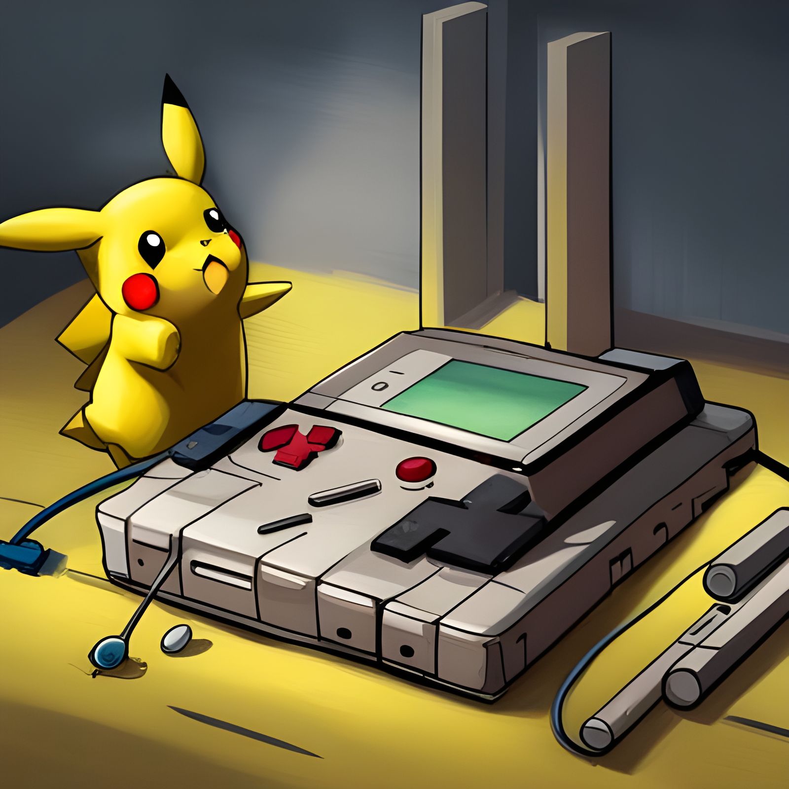 Pikachu on GameBoy Console in Hyper-Realistic 2D Art