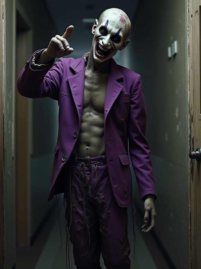 Undead Harlequin Beckons from Dark Hallway