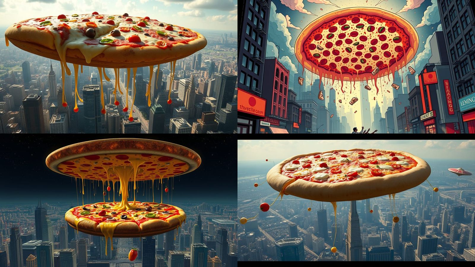 Giant Pizza Hovering Over Cityscape