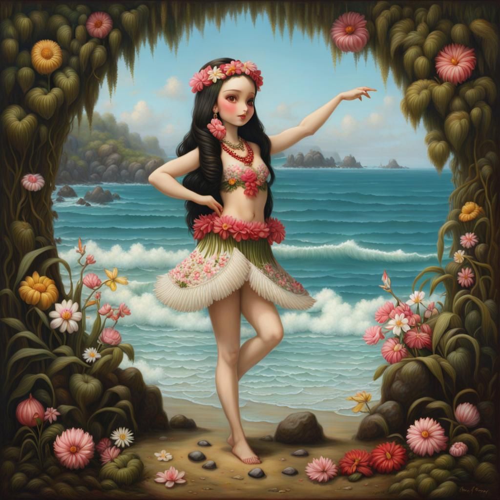 Hula Dancer on Rocky Beach in Pop Surrealist Style