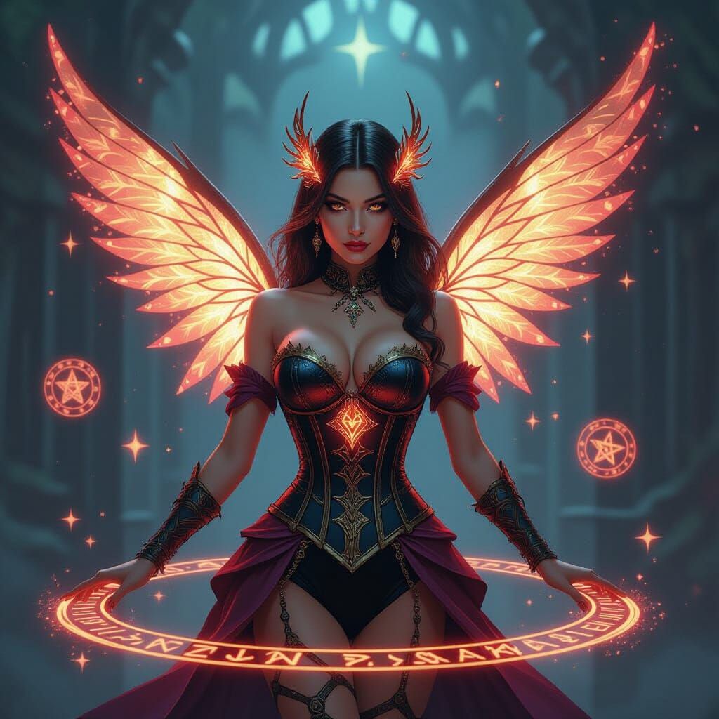 Arcane Showgirl with Magical Glyphs and Runic Corset