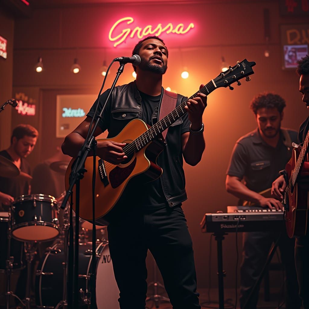 Soulful Blues Performance in a Vibrant, Golden-Lit Club
