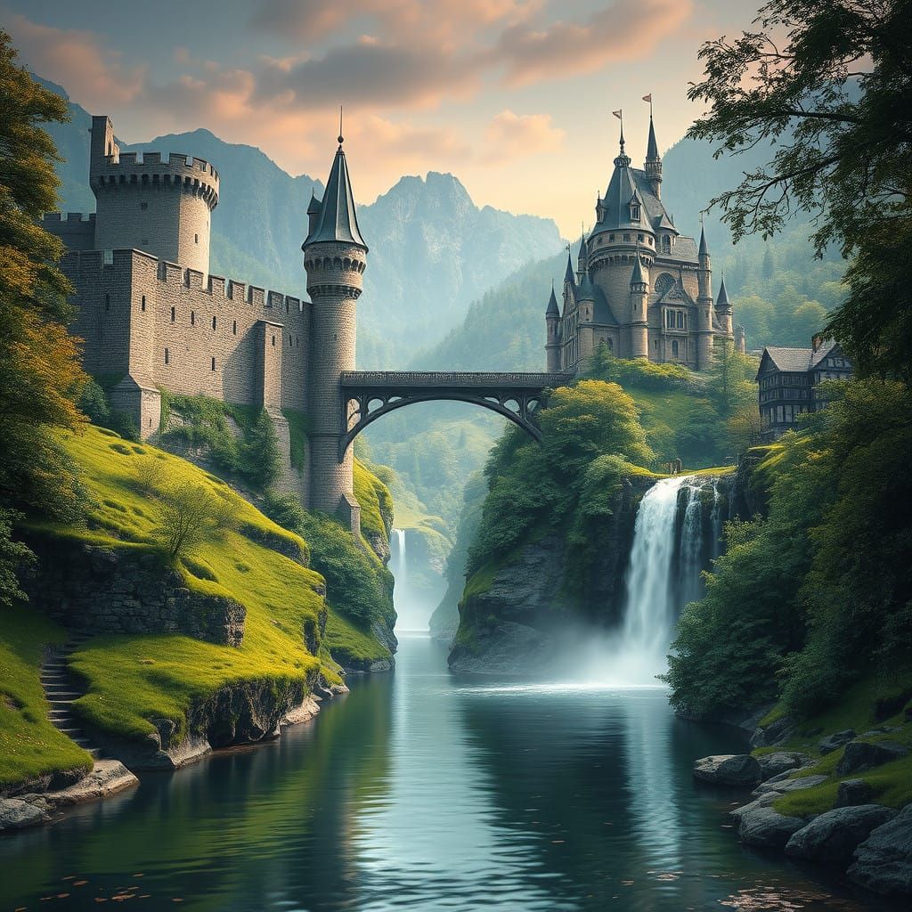 Waterway to Castle Fantasy Scene