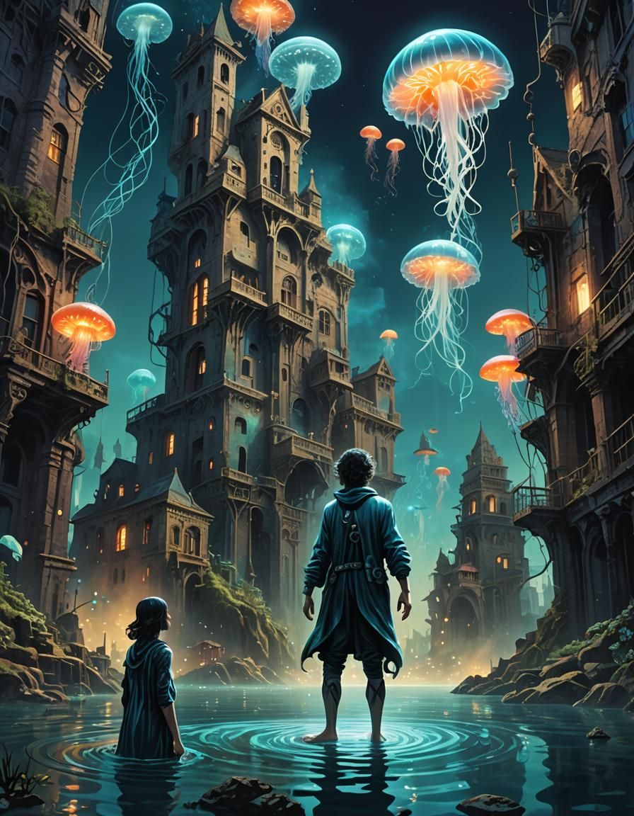 Elfin Figure in Underwater City: Surreal Digital Art