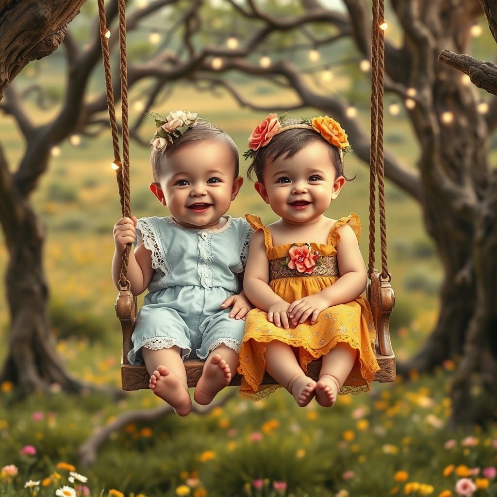 Fantasy Babies Delight on Ornate Swing in Enchanted Meadow