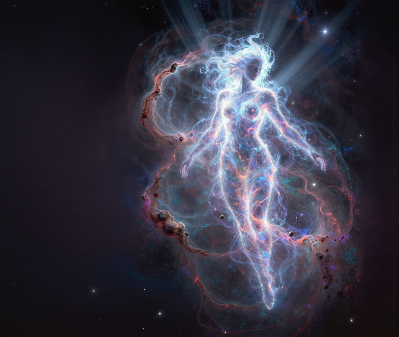 Cosmic Entity With Plasma Hair In Nebula