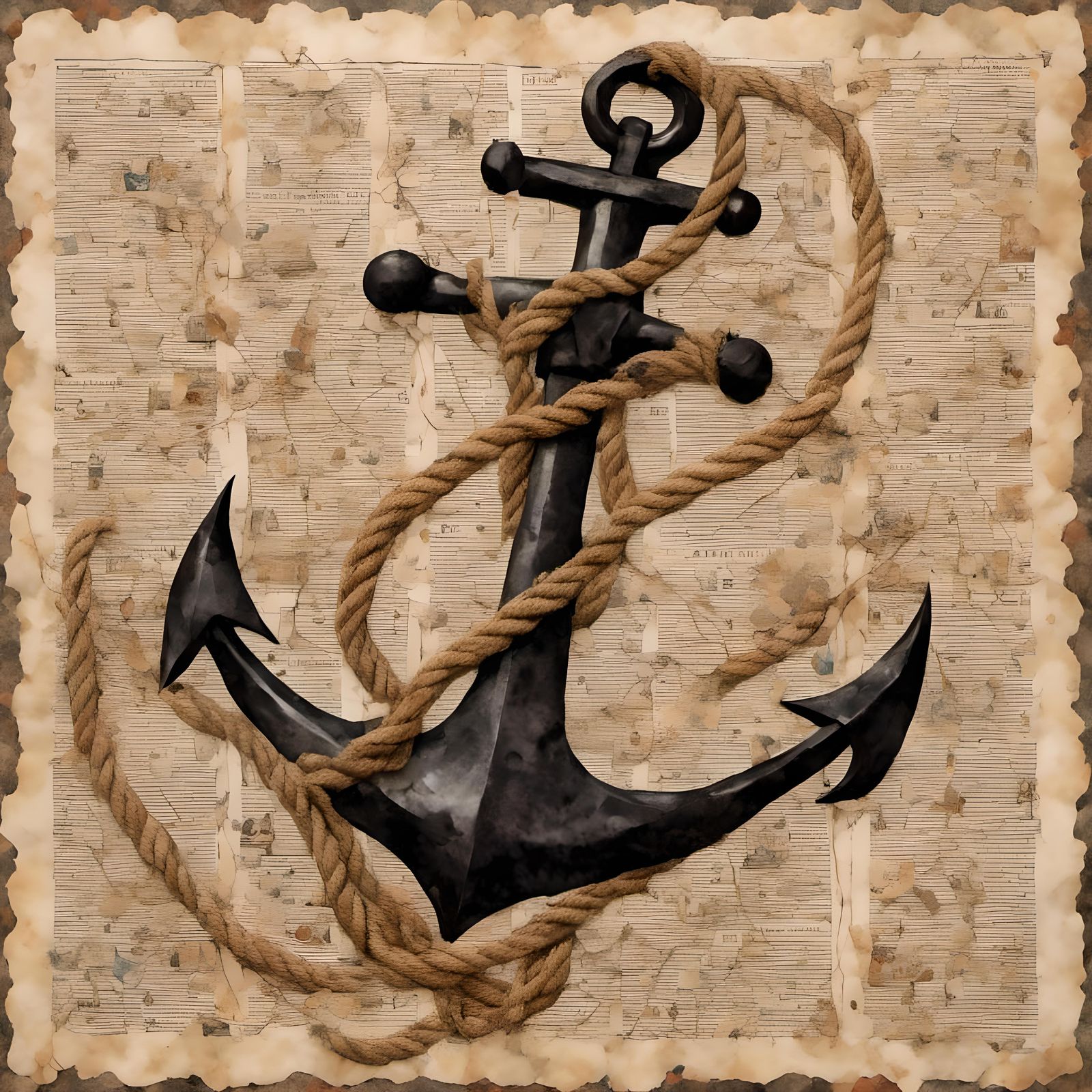 Nautical Anchor with Aged Newspaper Still Life