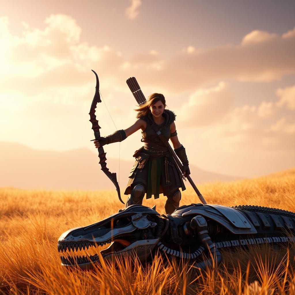 Aloy Triumphs in Cyberpunk Landscape with Defeated Dinosaur