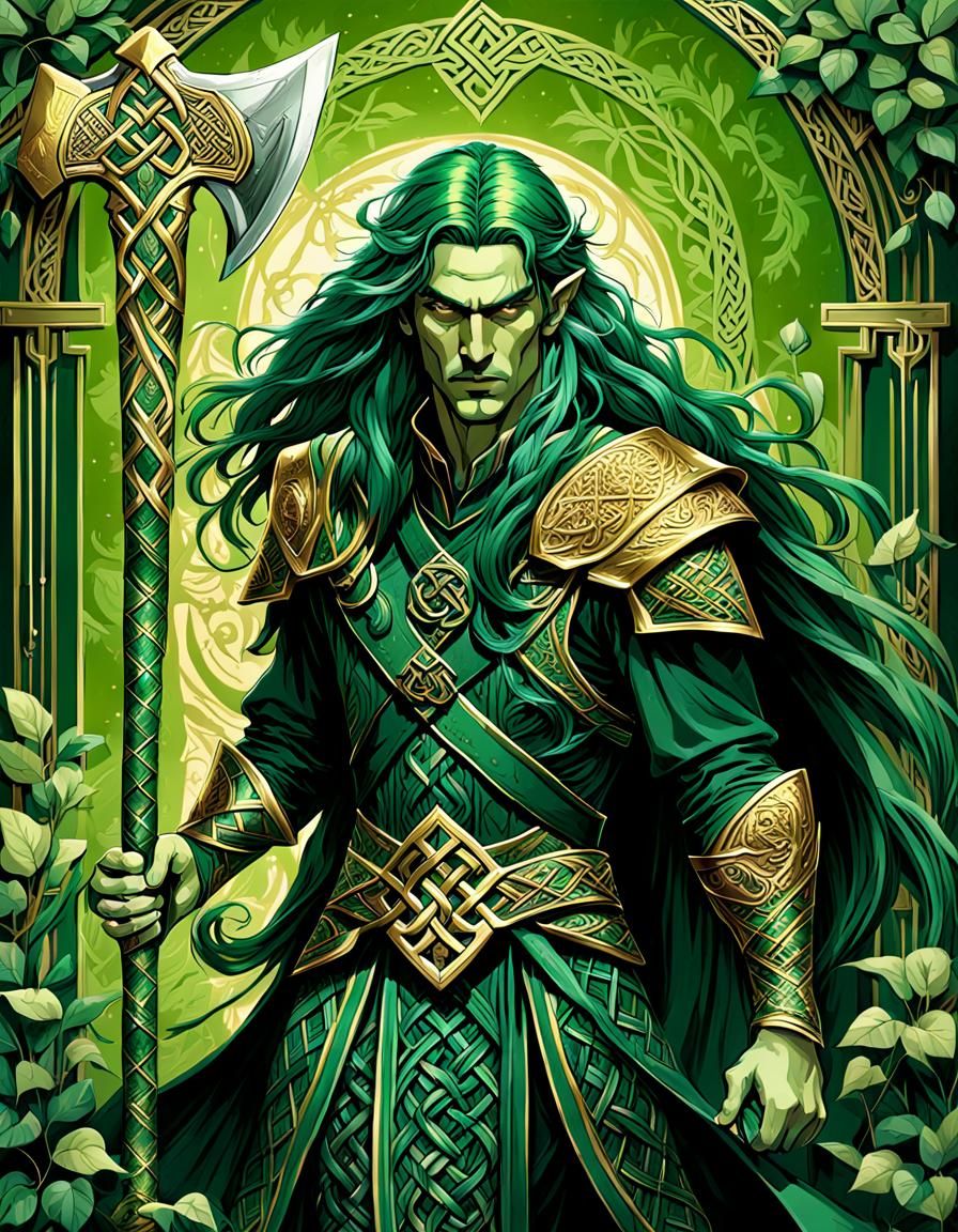 Green Knight with Battle-Axe in Art Deco Style