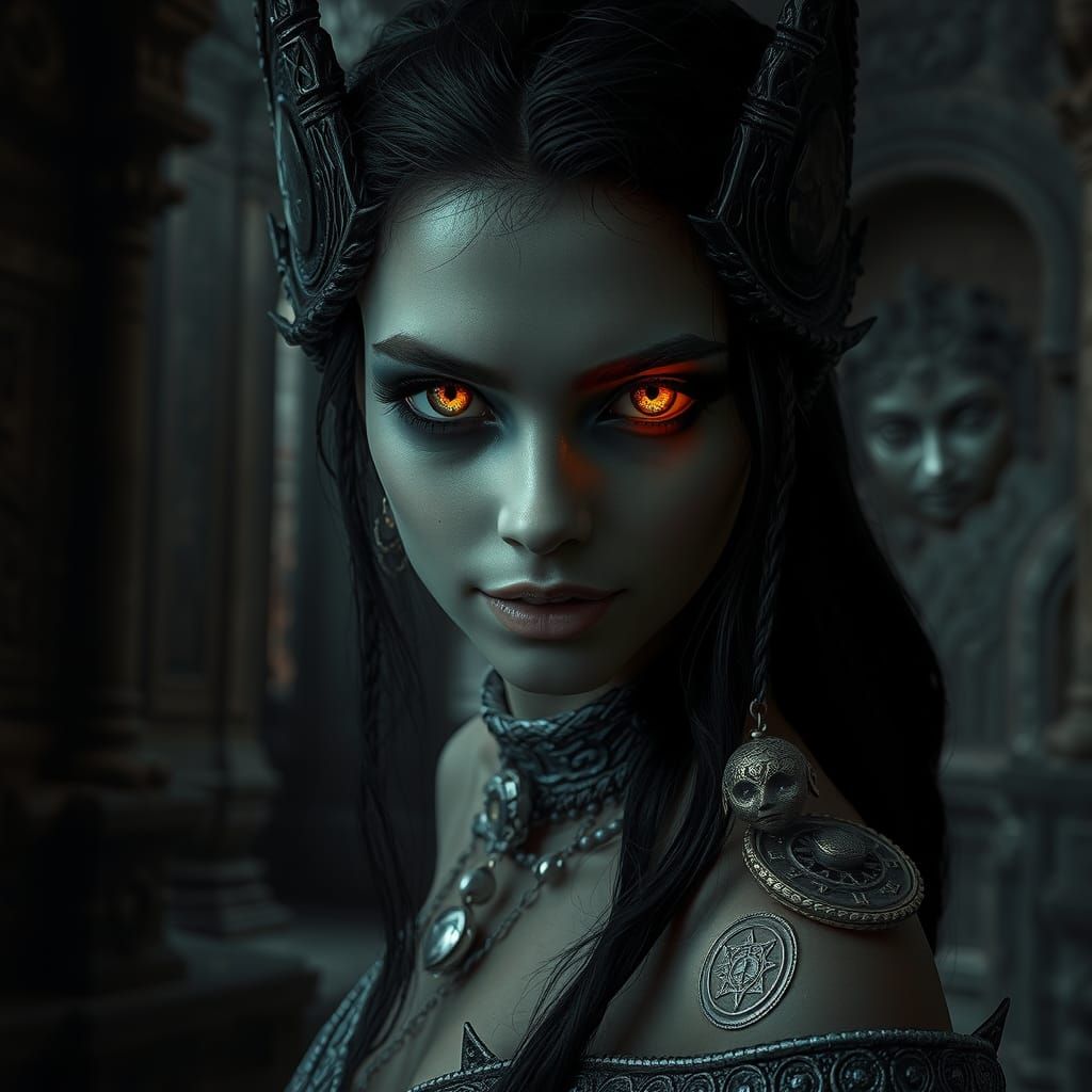 Lilith's Glowing Eyes in Ruined Temple: Film Noir