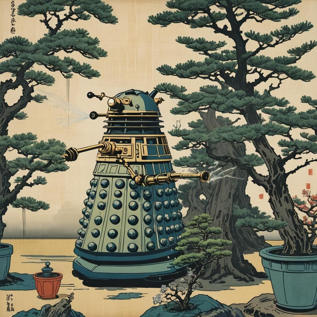Dalek's Peaceful Task: Ukiyo-e Bonsai Scene