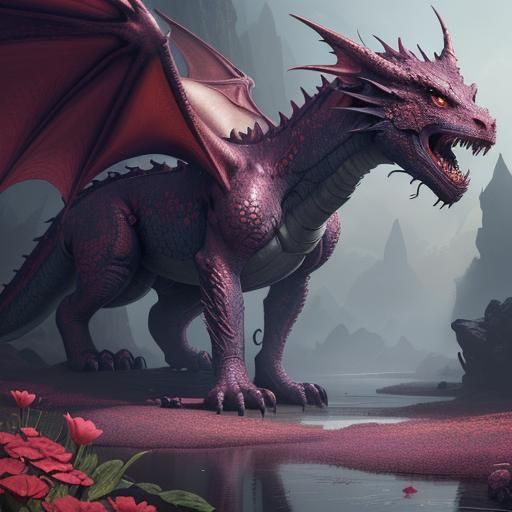 Fantastical Dragon and Flowers in Detailed Matte Painting