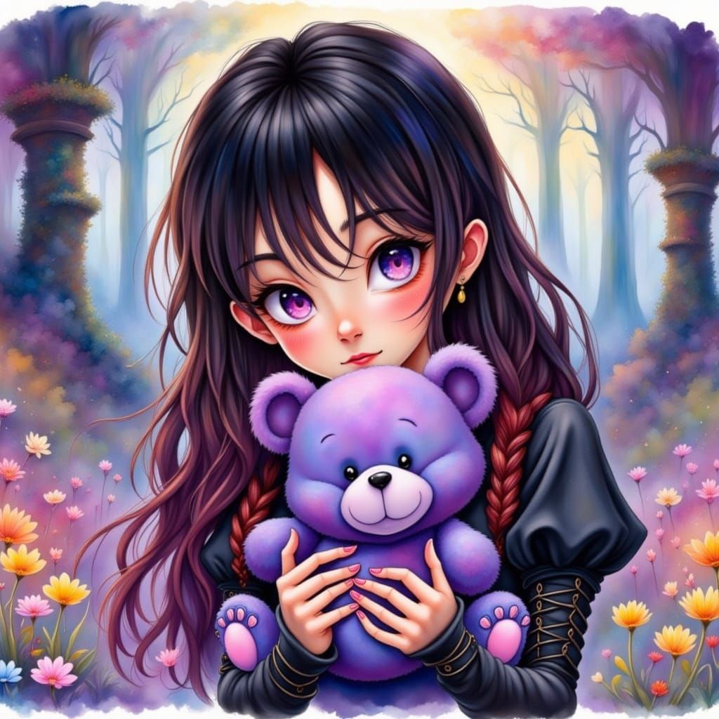 Angelcore Goth Girl With Iridescent Teddy Bear