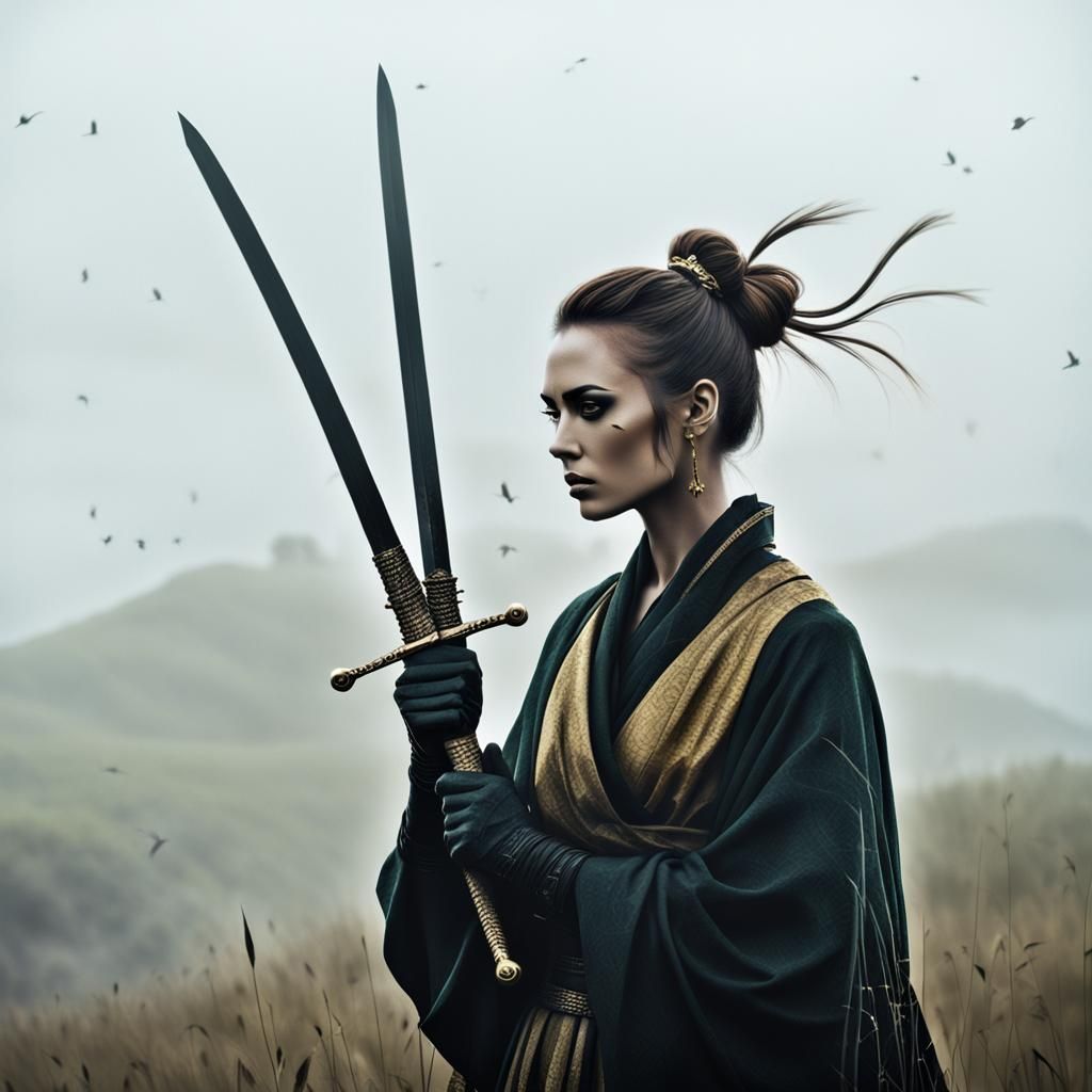 Lone Warrior Silhouette on Misty Hill