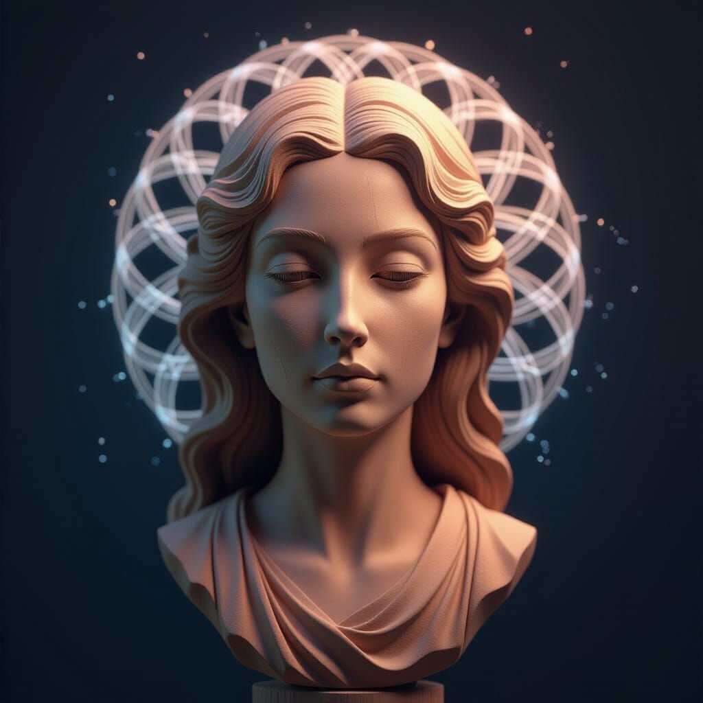 Wooden Bust Portrait with Refracted Geometry