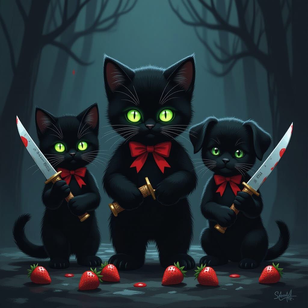 Sinister Black Animals with Knives in Dark Digital Art