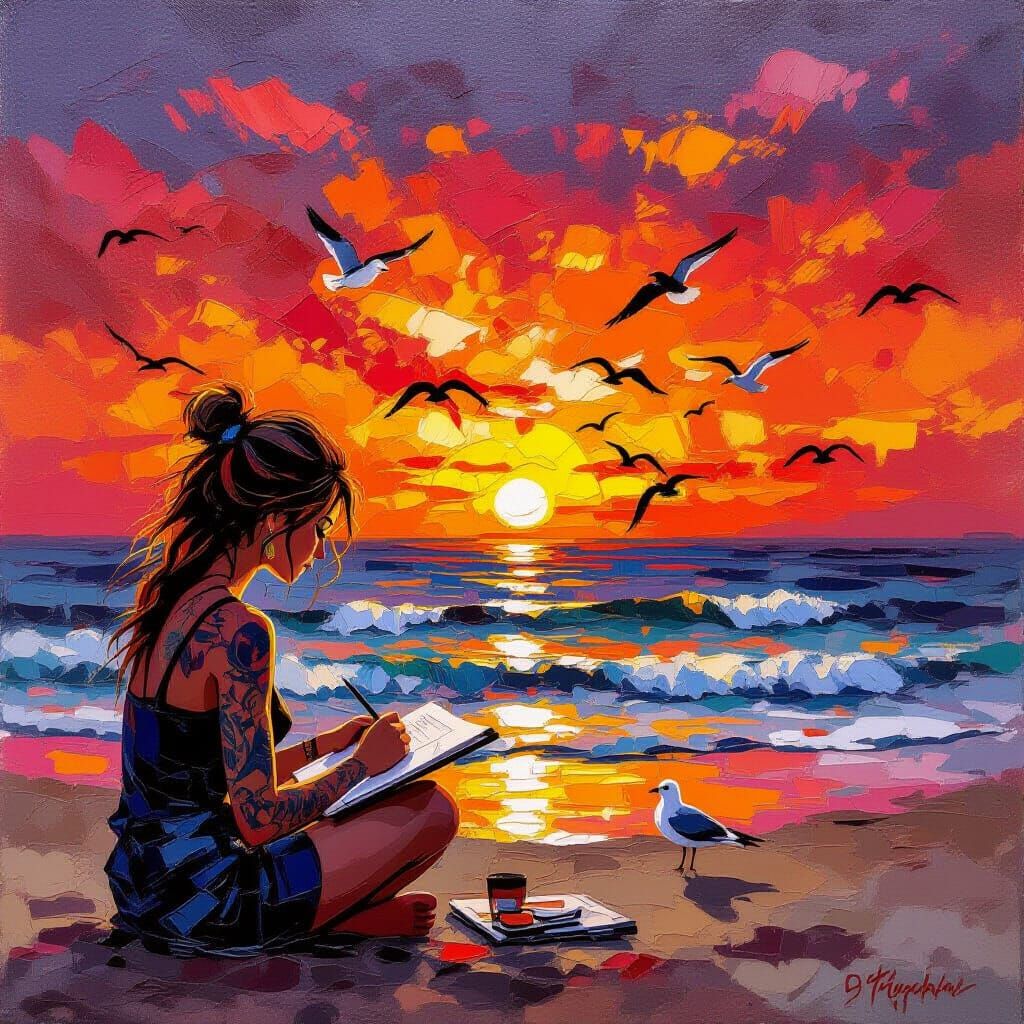 Artist Painting Beach Sunset in Neo-Impressionist Style