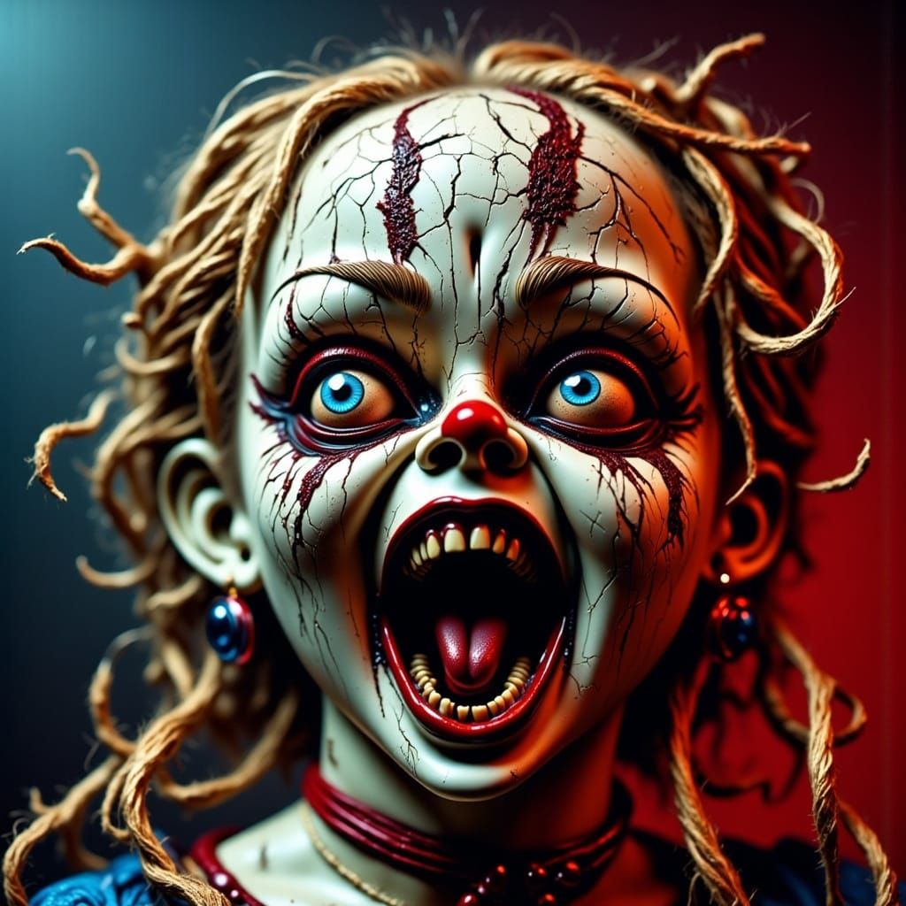 Hyperrealistic Doll Portrait in a Haunting, Vibrant Scene
