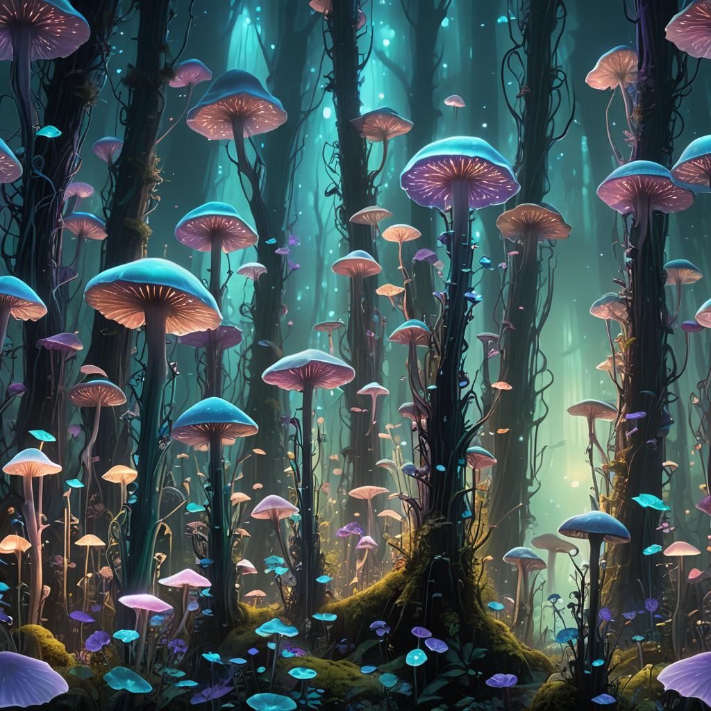 Bioluminescent Ghost Pipe Flowers in Dreamlike Forest