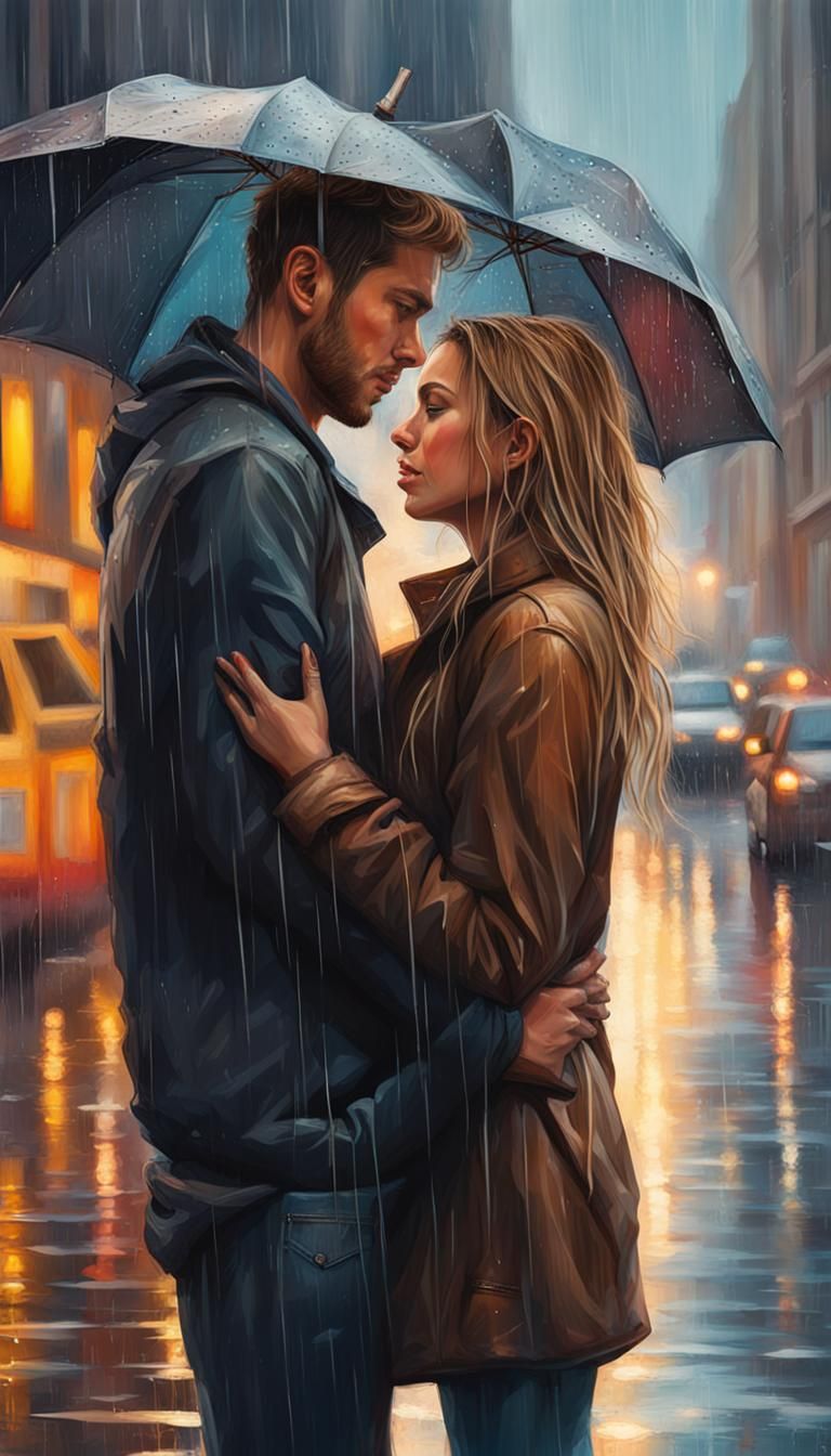 Couple in Rainy City: Hyperrealistic Splash Art