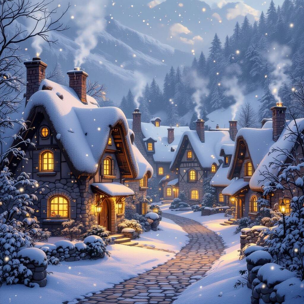 Enchanting Fairytale Village in Snowy Valley, Warm Lights